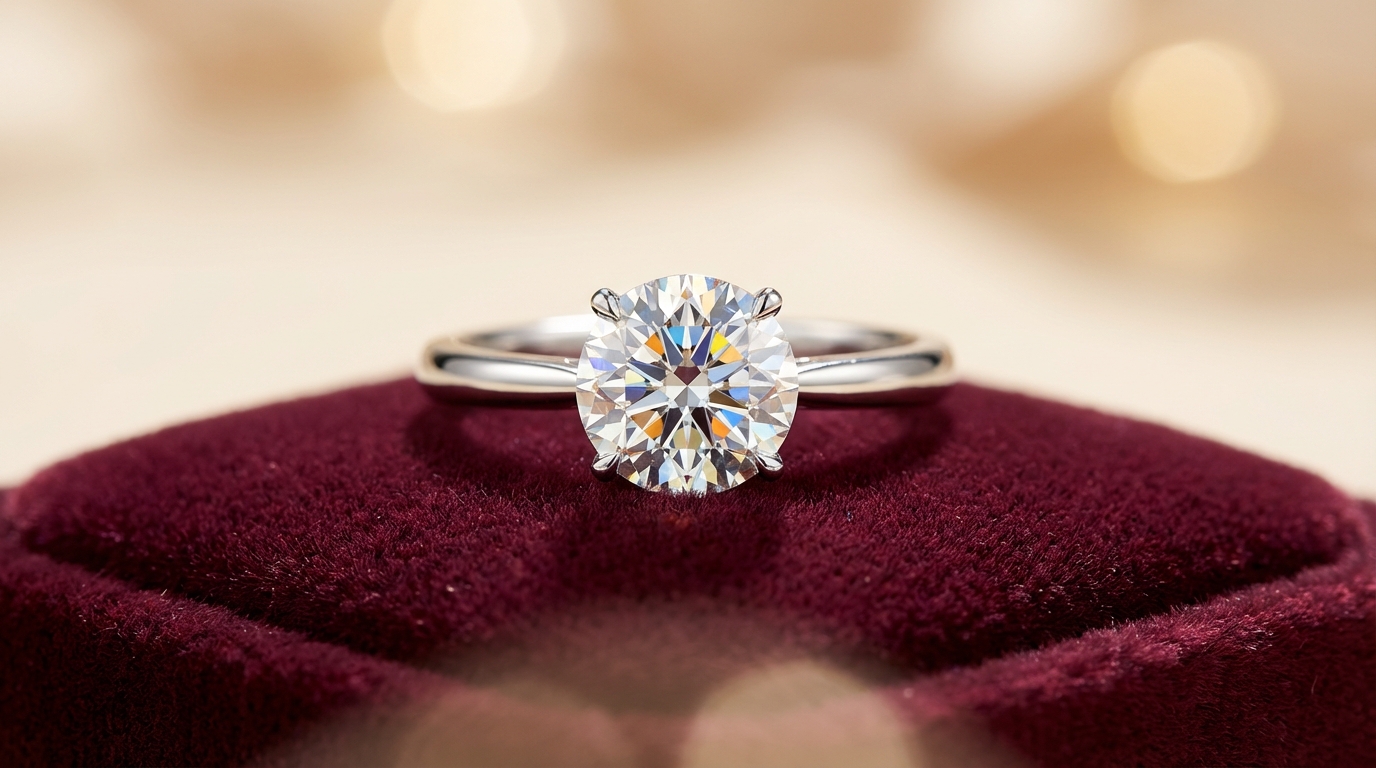 Guía para elegir anillo de compromiso - Matrimony Anillo de compromiso con diamante solitario en oro blanco sobre display de terciopelo
