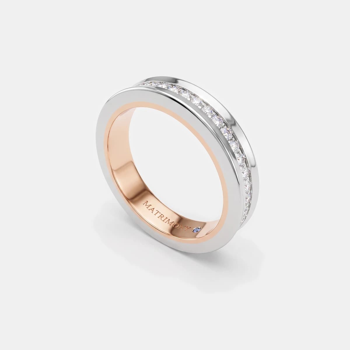 Argolla de matrimonio cóncava: interior rosa y canal de diamantes
