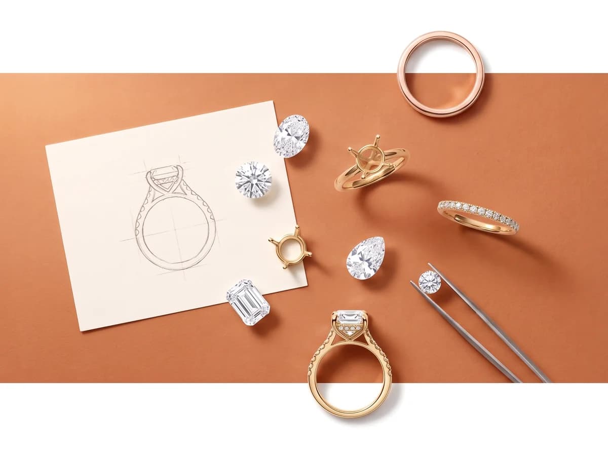 Boceto de un anillo, diamantes sueltos, cabezas de garras y pinzas de joyero: el taller de Matrimony