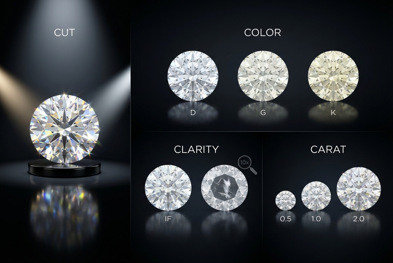 Las 4Cs en un certificado GIA Las 4Cs del diamante explicadas: corte, color, claridad y quilates con ejemplos visuales