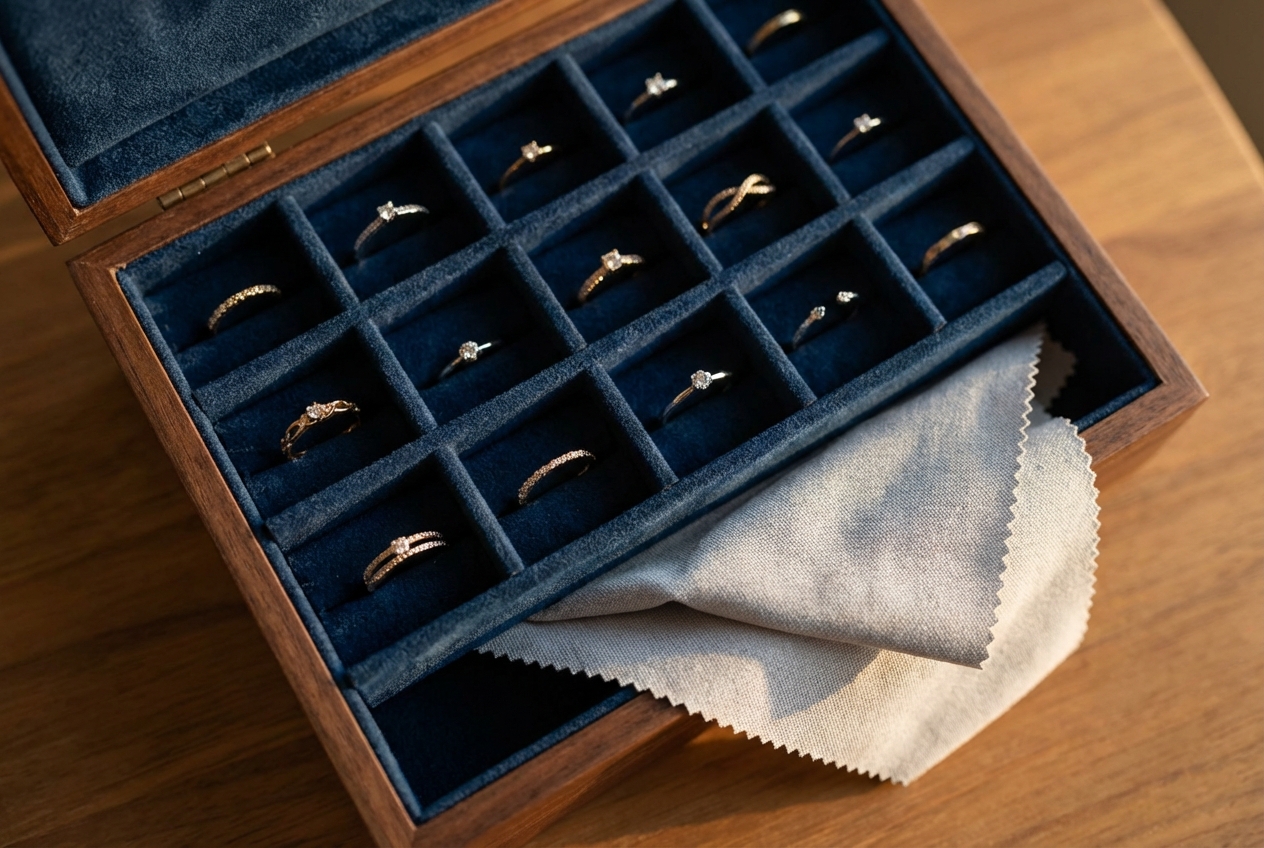 Joyero abierto con compartimentos separados de terciopelo para almacenar anillos y joyas correctamente