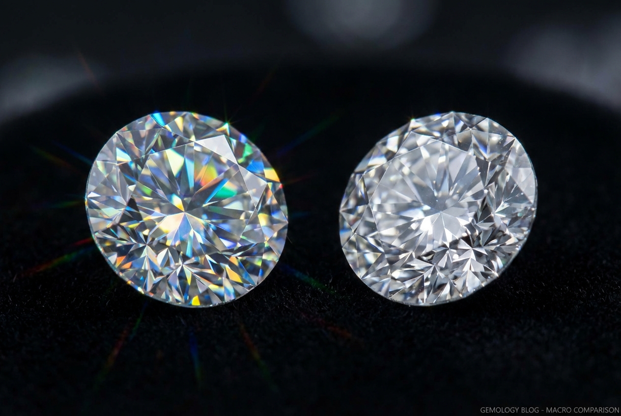 Primer plano de moissanita y diamante mostrando la diferencia de dispersión de luz y fuego entre ambas gemas