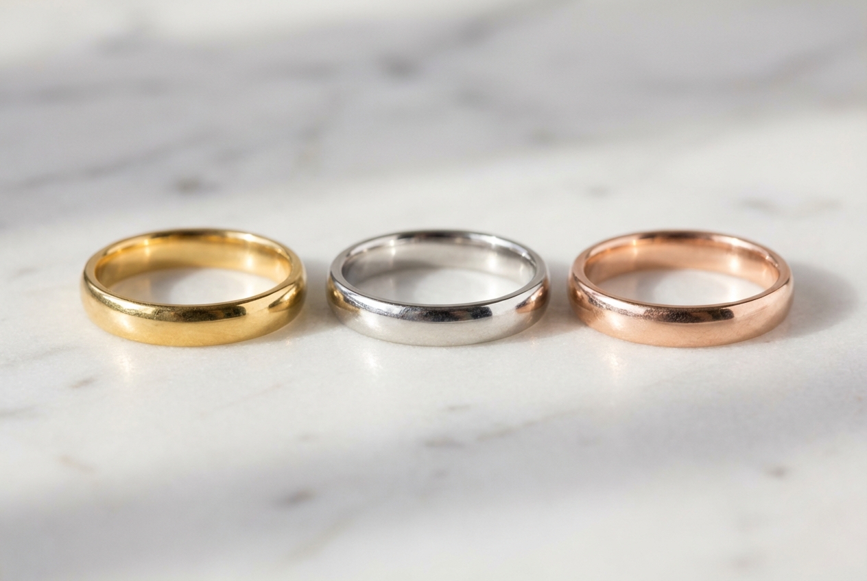 Variaciones de color del oro: amarillo, blanco y rosa Tres bandas de oro mostrando los tonos de oro amarillo, oro blanco y oro rosa lado a lado