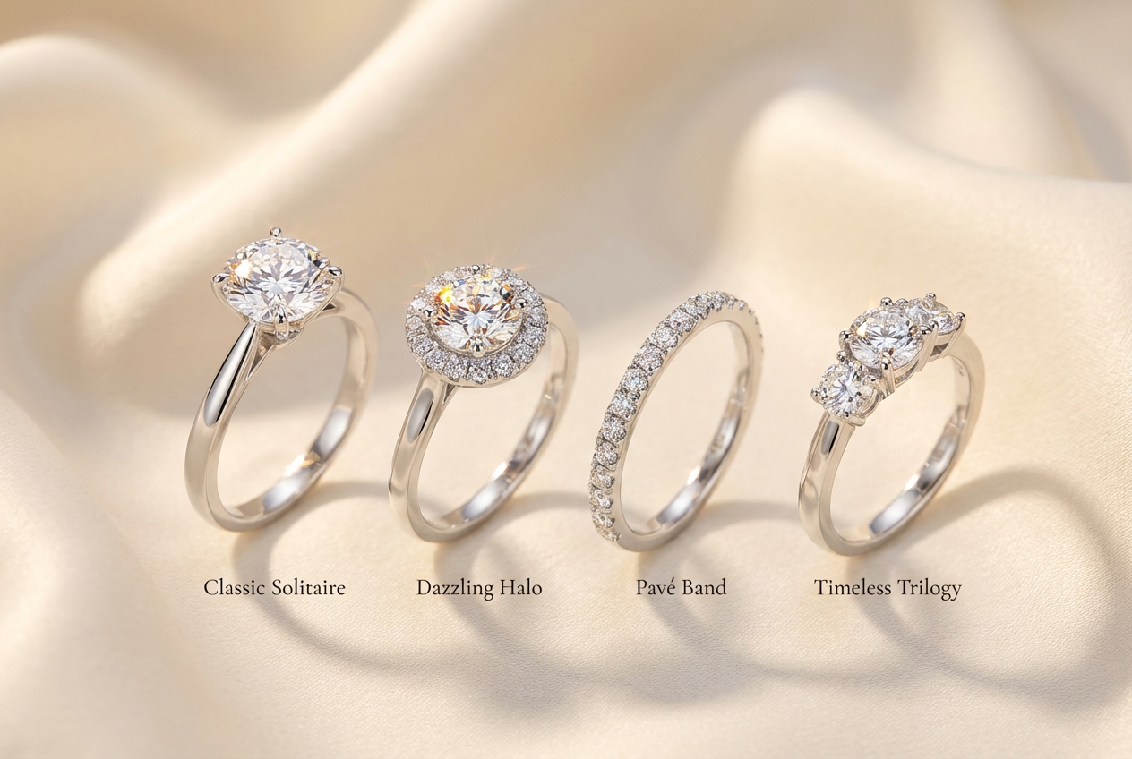 Estilos populares de anillos de compromiso Cuatro estilos de anillos de compromiso: solitario, halo, pavé y trilogy en oro blanco con diamantes
