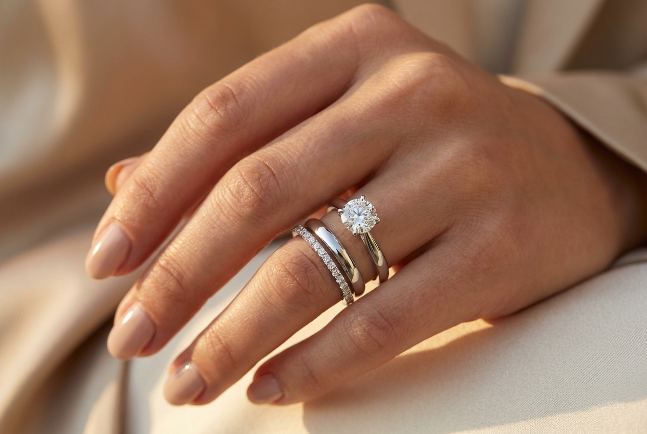 Mano de mujer usando stack de tres anillos: anillo de compromiso solitario, argolla de matrimonio y churumbela con diamantes