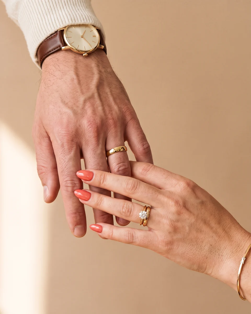 Manos de una pareja: él con su argolla de oro amarillo y reloj; ella con su anillo de compromiso y su argolla en set, y un brazalete